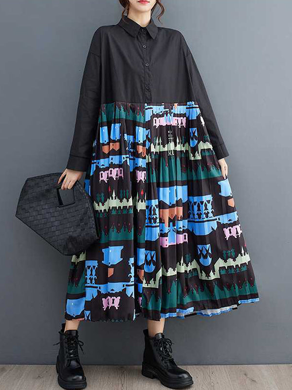xakxx A-Line Long Sleeves Buttoned Pleated Printed Split-Joint Lapel Midi Dresses