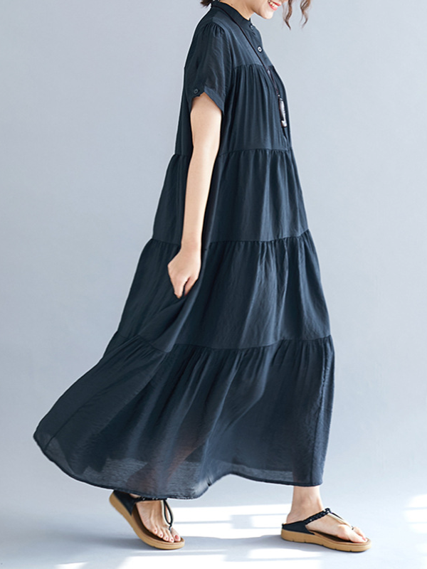 xakxx Vintage Loose Split-Joint Pleated Short Sleeves Round-Neck Midi Dress