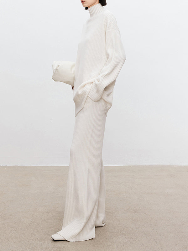 xakxx xakxx-Solid Color Long Sleeves High-Neck Sweater Top + Wide Leg Pants Bottom Two Pieces Set