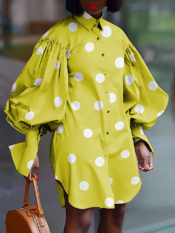 xakxx Loose Puff Sleeves Polka Dot Split-Side Lapel Mini Dresses Shirt Dress