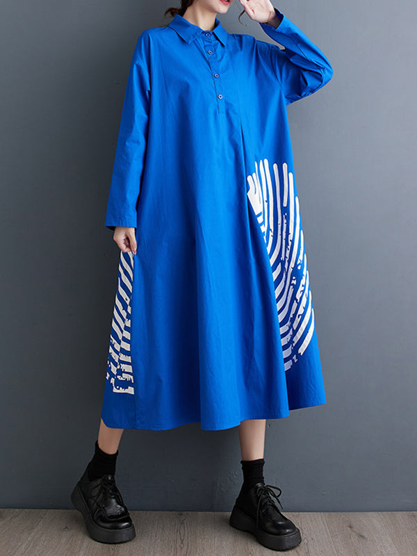 xakxx A-Line Long Sleeves Asymmetric Buttoned Pleated Printed Split-Joint Lapel Midi Dresses Shirt Dress