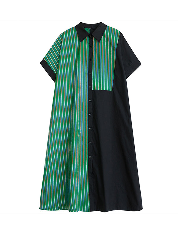xakxx Loose Short Sleeves Asymmetric Split-Joint Striped Lapel Midi Dresses Shirt Dress