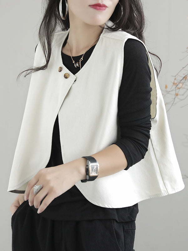 xakxx Artistic Retro Loose Sleeveless Solid Color Round-Neck Vest Outerwear
