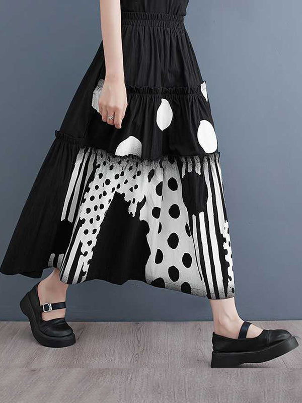 xakxx Loose Elasticity Pleated Pockets Polka Dot Printed Ruffled Split-Joint Skirts Bottoms