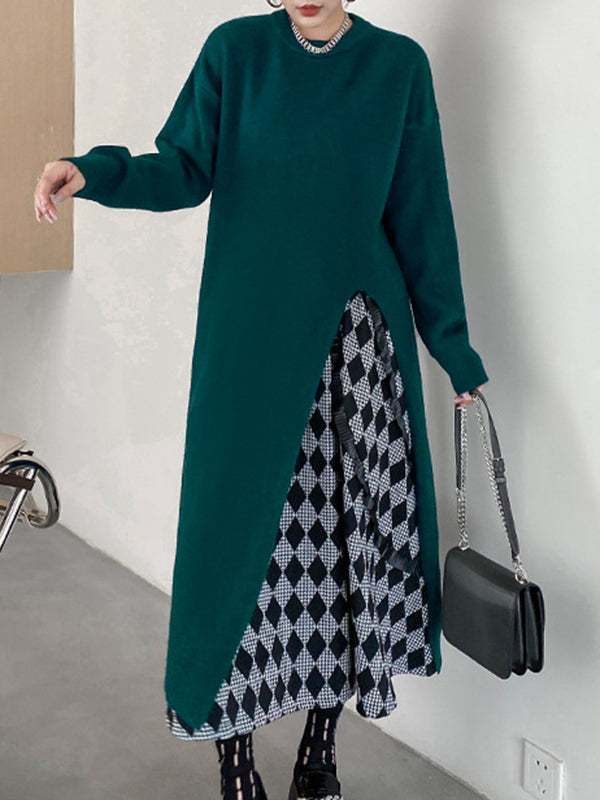xakxx Long Sleeves Loose Solid Color Split-side Round-neck Sweater Tops