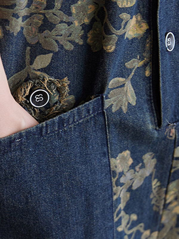 xakxx Oversize Floral Printed Denim Overalls