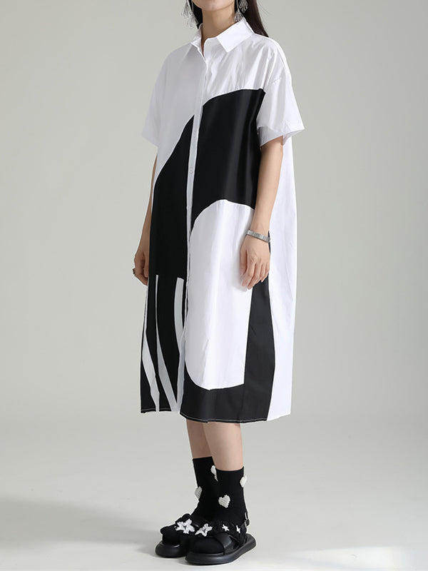 xakxx Loose Short Sleeves Asymmetric Contrast Color Split-Joint Lapel Midi Dresses Shirt Dress