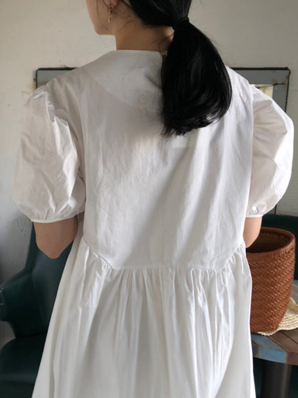 xakxx Original Loose Solid Color Pleated Puff Sleeves Midi Dress