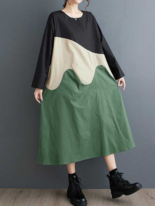 xakxx A-Line Long Sleeves Contrast Color Round-Neck Midi Dresses