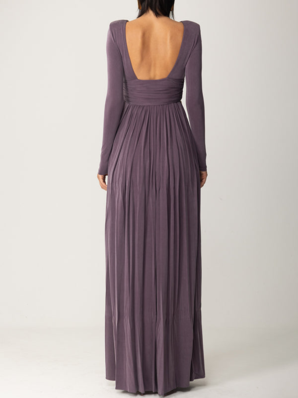 xakxx Long Sleeves Backless No Body Chain Pleated Solid Color Tied Waist Maxi Dresses