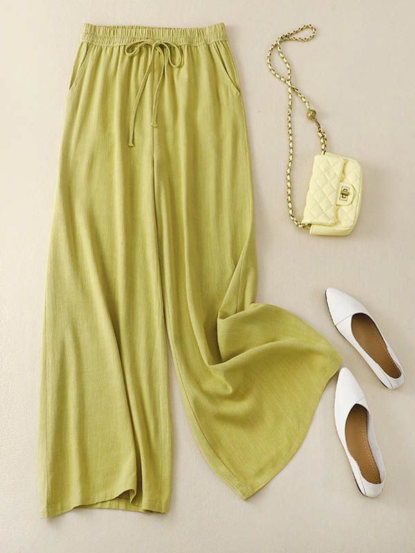 xakxx Loose Wide Leg Drawstring Solid Color Casual Pants Bottoms Trousers