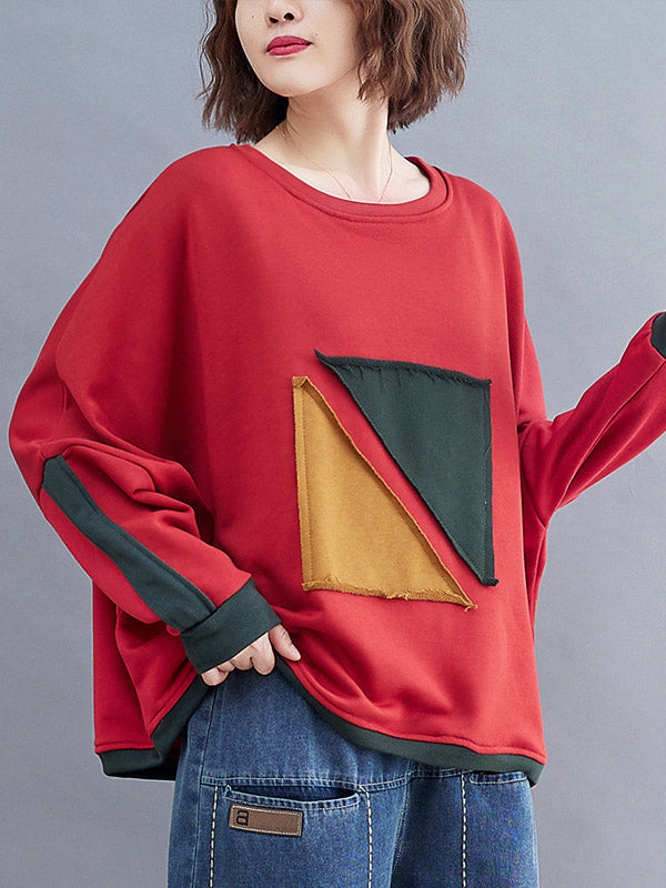 xakxx Artistic Retro Loose Triangle Applique Contrast Color Round-Neck Long Raglan Sleeves Sweatshirt