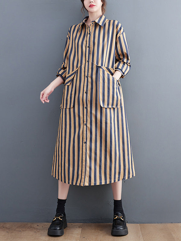 xakxx Original Loose Long Sleeves Buttoned Striped Lapel Collar Midi Shirt Dresses