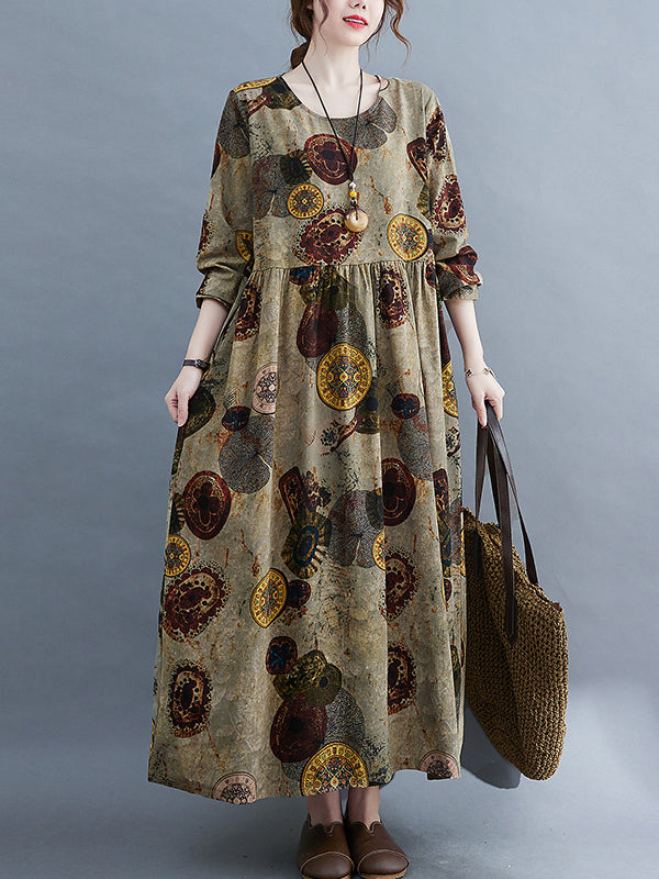 xakxx Artistic Retro Loose Long Sleeves Printed Round-Neck Maxi Dresses