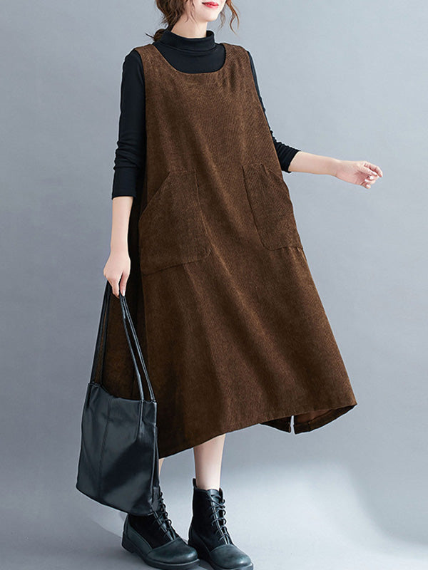 xakxx Corduroy Sleeveless Split-Joint Round-Neck Midi Dress
