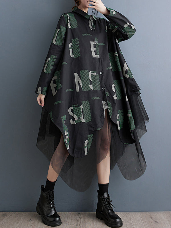xakxx A-Line Long Sleeves Buttoned Letter Print Mesh Split-Joint Lapel Midi Dresses Shirt Dress