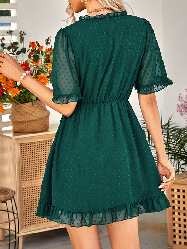 xakxx A-Line Loose Jacquard Ruffled Solid Color V-Neck Mini Dresses