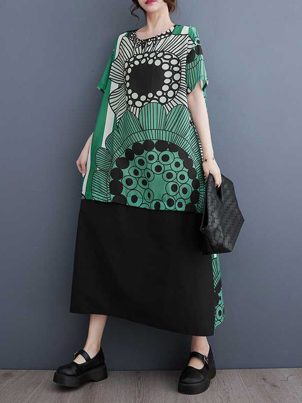 xakxx A-Line Loose Flower Print Pockets Split-Joint Round-Neck Midi Dresses