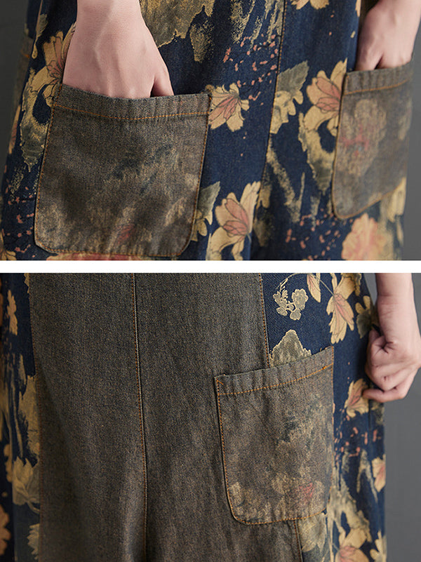 xakxx Oversize Wide Leg Floral Printed Split-Joint Overalls