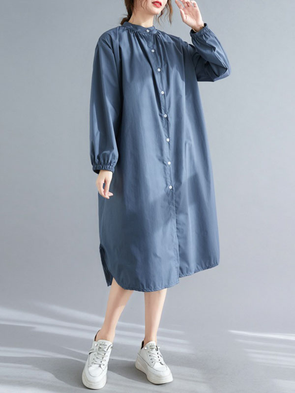 xakxx A-Line Long Sleeves Buttoned Elasticity Split-Side Mock Neck Midi Dresses Shirt Dress