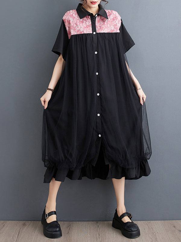 xakxx Loose Short Sleeves Falbala Printed Split-Joint Lapel Midi Dresses