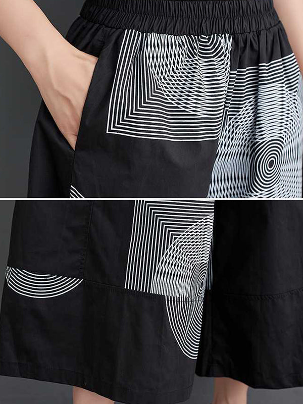 xakxx High Waisted Loose Elasticity Printed Cropped Trousers Pants