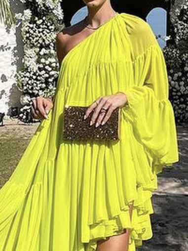 xakxx Irregularity Loose Pleated Solid Color One-Shoulder Maxi Dresses