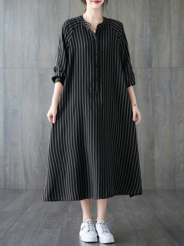 xakxx Long Sleeves Loose Buttoned Split-Side Striped Round-Neck Midi Dresses Shirt Dress