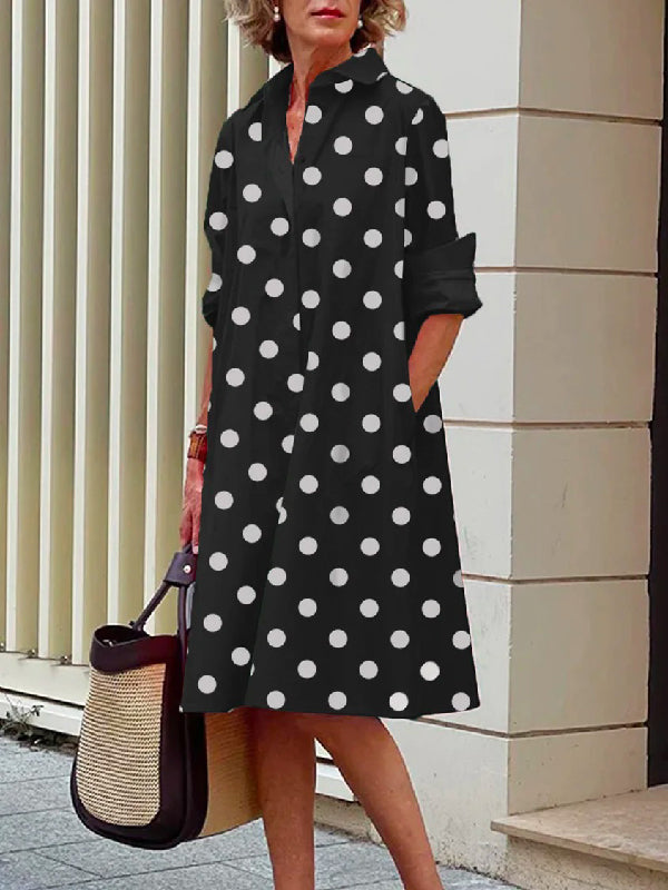 xakxx Vintage Long Sleeves Polka Dot Lapel Midi Dresses