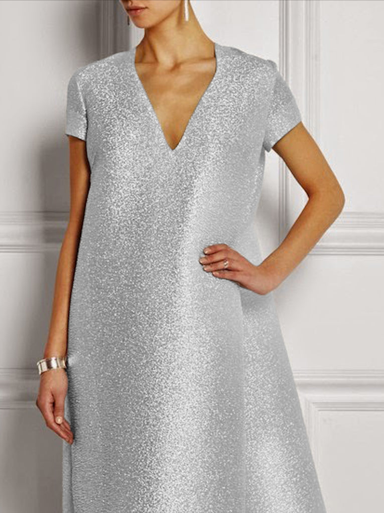 xakxx Loose Short Sleeves Shiny Solid Color V-Neck Maxi Dresses