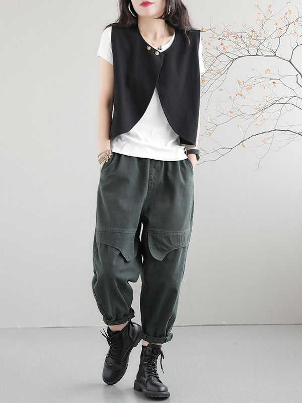 xakxx Artistic Retro Loose Sleeveless Solid Color Round-Neck Vest Outerwear