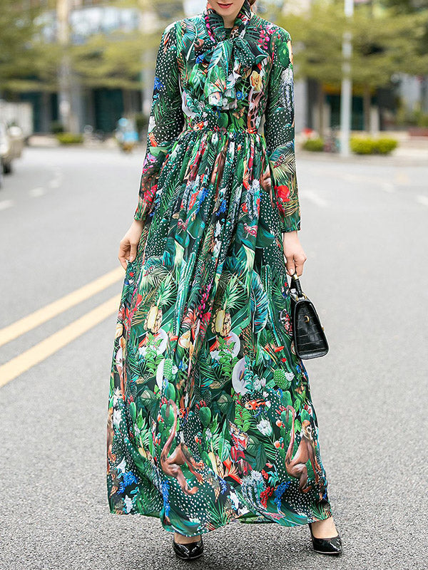 xakxx High Waisted Long Sleeves Bowknot Elasticity Flower Print Zipper Round-Neck Maxi Dresses
