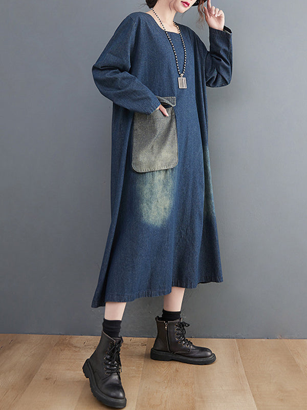 xakxx Artistic Retro Loose Denim Applique Round-Neck Long Sleeves Midi Dress