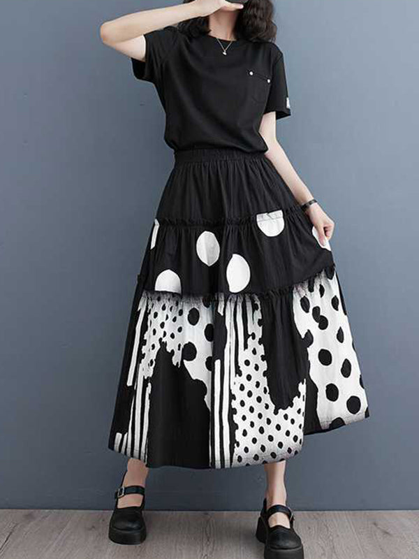 xakxx Loose Elasticity Pleated Pockets Polka Dot Printed Ruffled Split-Joint Skirts Bottoms
