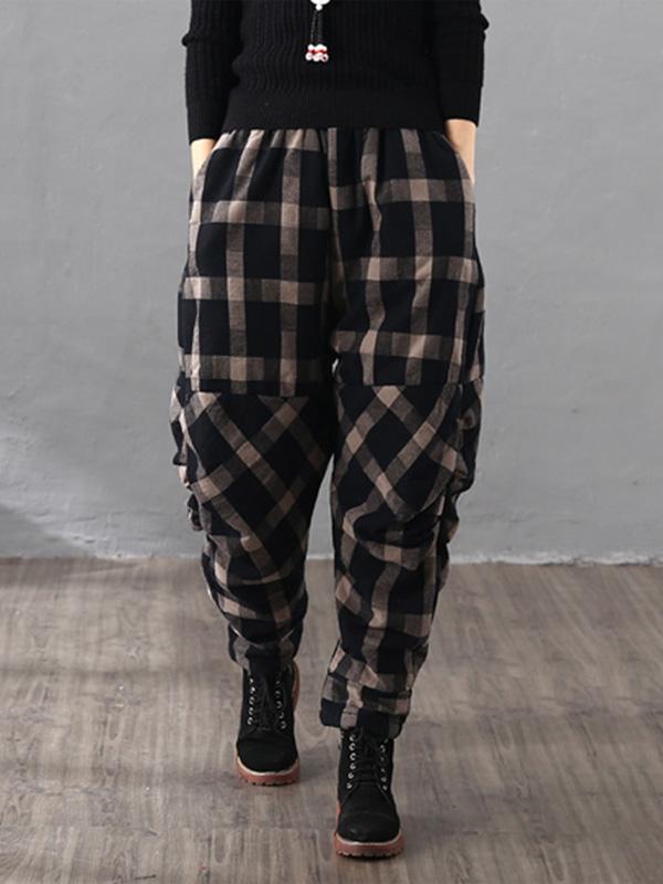 xakxx Vintage Plaid Thickening Pleated Harem Pants