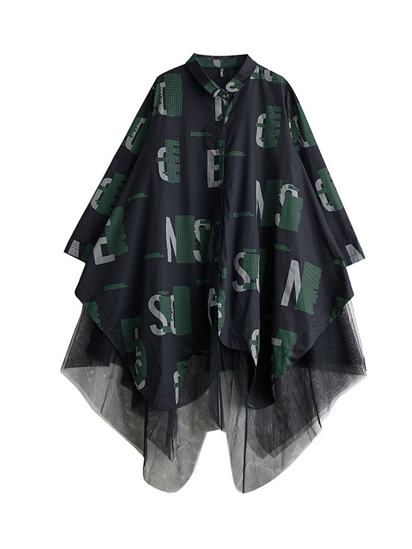 xakxx A-Line Long Sleeves Buttoned Letter Print Mesh Split-Joint Lapel Midi Dresses Shirt Dress