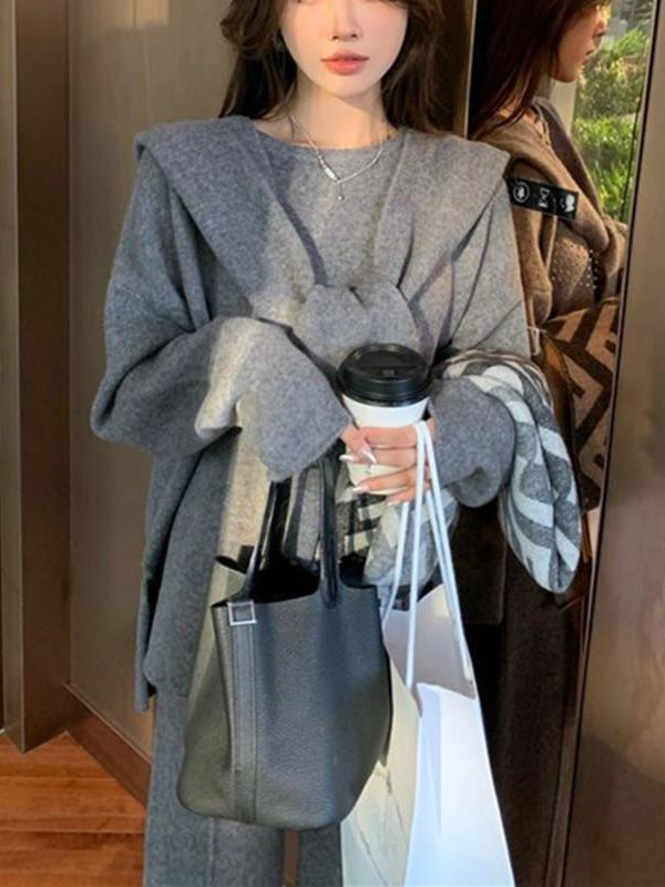 xakxx xakxx-Solid Color Long Sleeves Loose Round-Neck Three Pieces Set