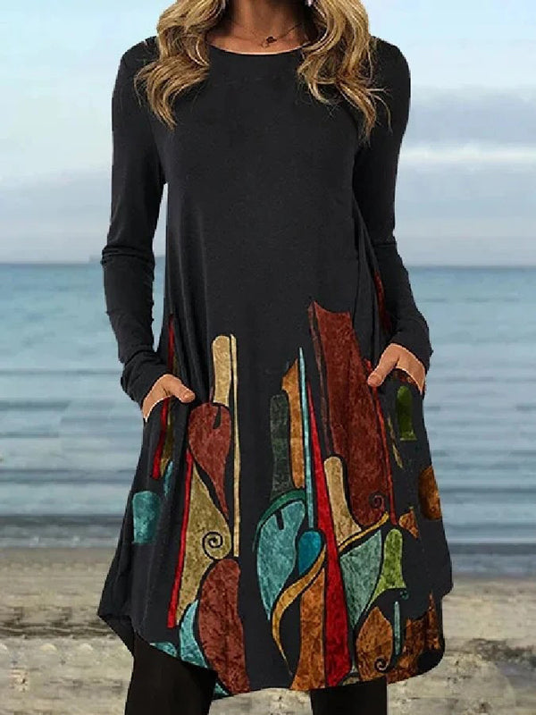 xakxx Casual Long Sleeves Loose Contrast Color Printed Round-Neck Mini Dresses