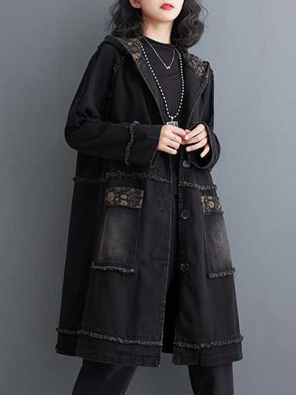xakxx Loose Raglan Sleeve Floral Printed Fringed Split-Joint Hooded Outerwear Trench Coats