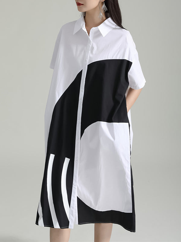 xakxx Loose Short Sleeves Asymmetric Contrast Color Split-Joint Lapel Midi Dresses Shirt Dress