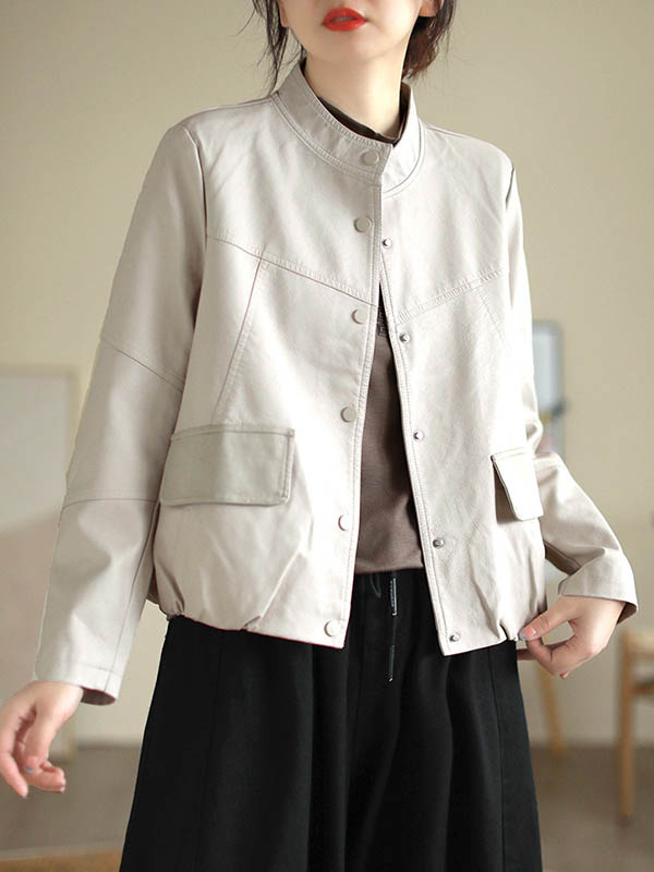 xakxx Long Sleeves Loose Buttoned Pleated Pockets Split-Joint Stand Collar Jackets Outerwear