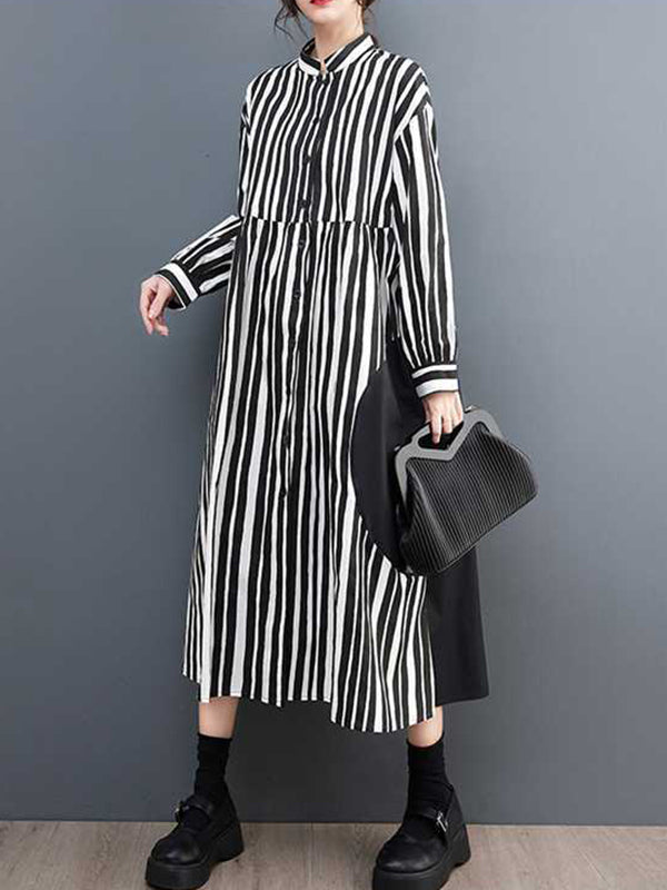 xakxx Long Sleeves Loose Buttoned Split-Joint Striped Mock Neck Midi Dresses