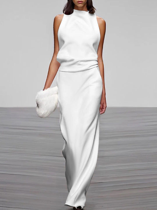 xakxx Loose Sleeveless Solid Color High-Neck Vest Tops&Skirts Bottoms Two Pieces Set