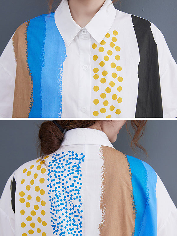 xakxx Artistic Retro Short Sleeves Loose Contrast Color Polka-Dot Lapel Collar Midi Shirt Dress