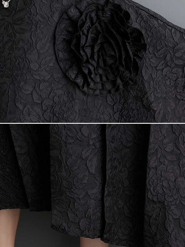 xakxx Batwing Sleeves Loose Asymmetric Flower Shape Gauze Jacquard Pleated Solid Color Split-Joint Round-Neck Midi Dresses