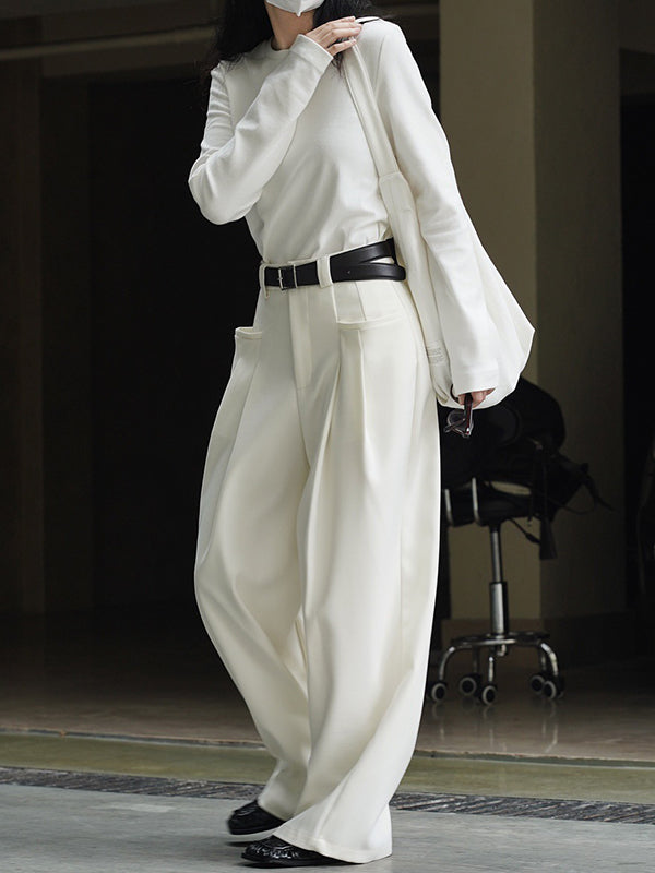 xakxx Loose Pleated Solid Color Wide Leg Pants Bottoms