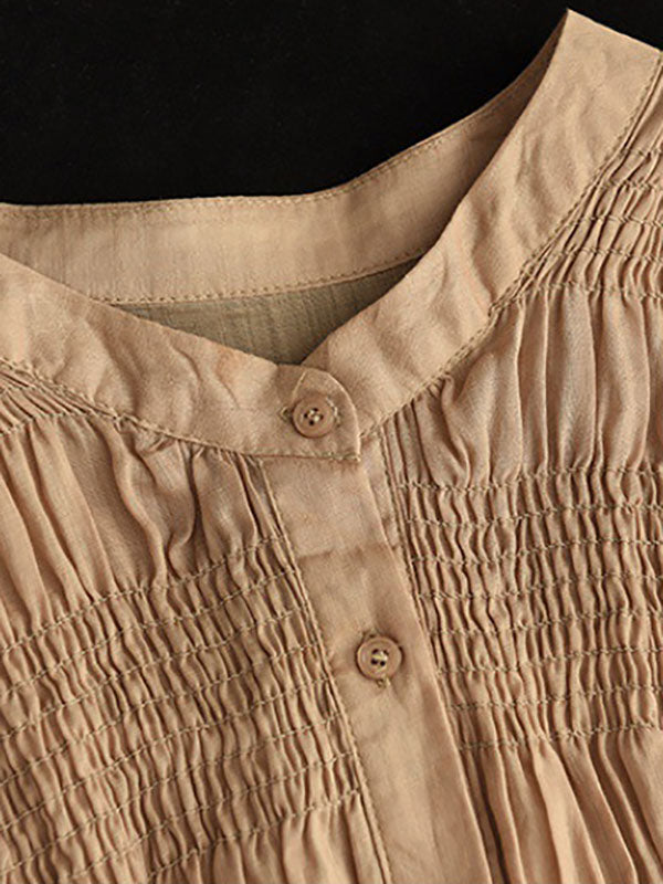 xakxx Loose Three-Quarter Sleeves Pleated Solid Color Split-Joint Stand Collar Blouses&Shirts Tops