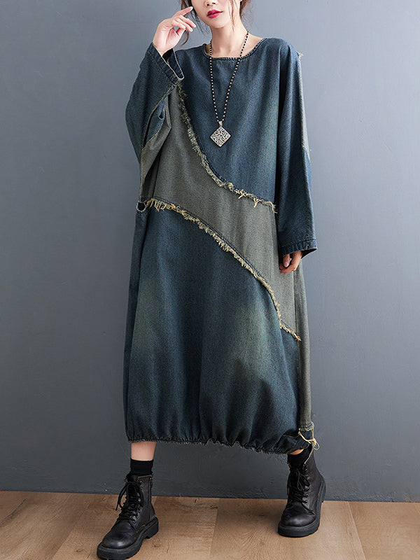 xakxx Original Loose Denim Contrast Color Round-Neck Long Sleeves Midi Dress
