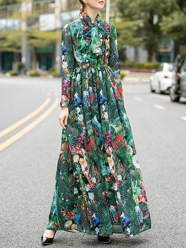xakxx High Waisted Long Sleeves Bowknot Elasticity Flower Print Zipper Round-Neck Maxi Dresses