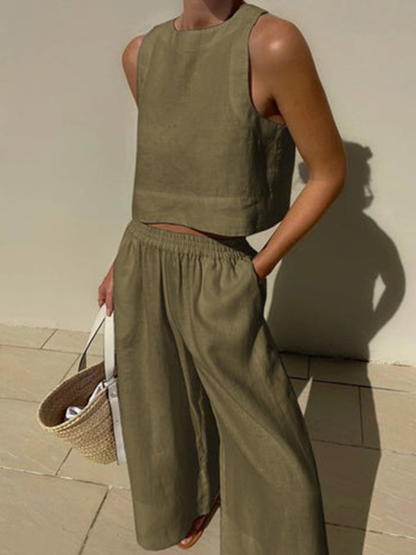 xakxx Solid Color Round-Neck Sleeveless Vest + Elasticity Wide Leg Pants Two Pieces Set